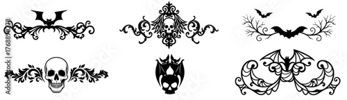 Halloween header ornament set with gothic bats, skulls, wings and vintage curls — spooky decorative borders and horror page dividers for Halloween frames
