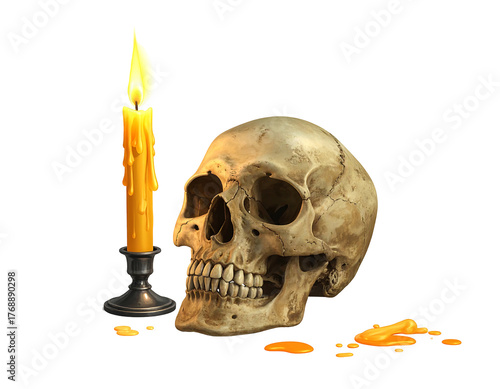 Skull and glowing candle on a black background, with dripping wax puddle, creating a somber, morbid atmosphere