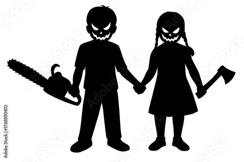Halloween creepy kids silhouette holding axe and chainsaw, evil brother and sister horror characters
