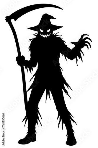 Halloween scarecrow monster silhouette with scythe and straw outfit, spooky harvest field guardian