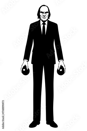 Halloween mysterious tall man silhouette in suit holding metal spheres, eerie vintage horror figure