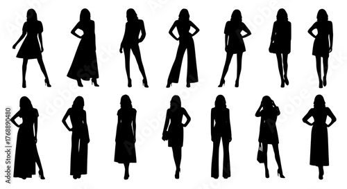 Collection of Woman Silhouettes in Diverse Outfits Representing Fashion Diversity Lifestyle Choices or Modern Female Identity Expression