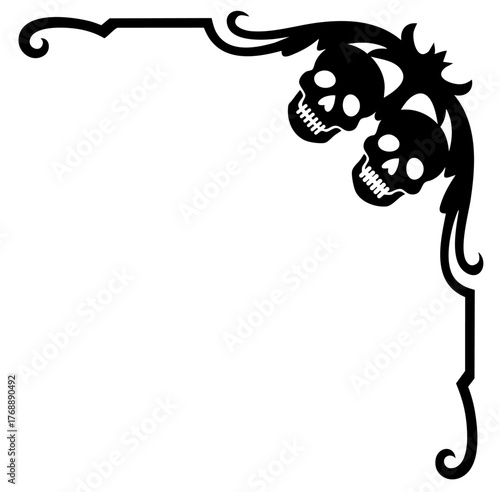 Halloween corner ornament with skulls and vintage border — gothic spooky frame element for dark decoration