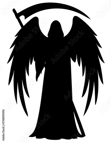 Halloween angel of death silhouette with scythe and wings, grim celestial reaper figure in long cloak