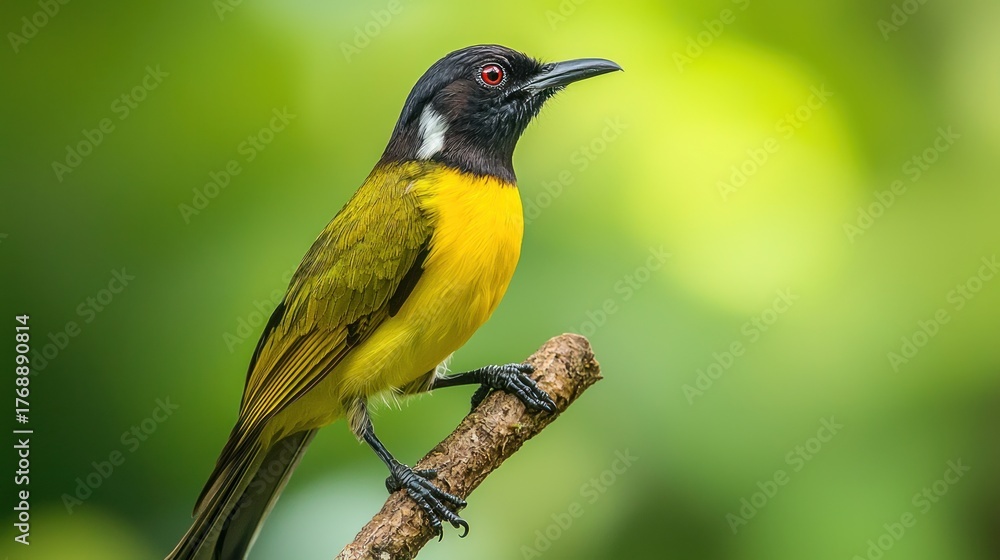 Fototapeta premium A yellow and black bird perched on a branch with a blurred green background.