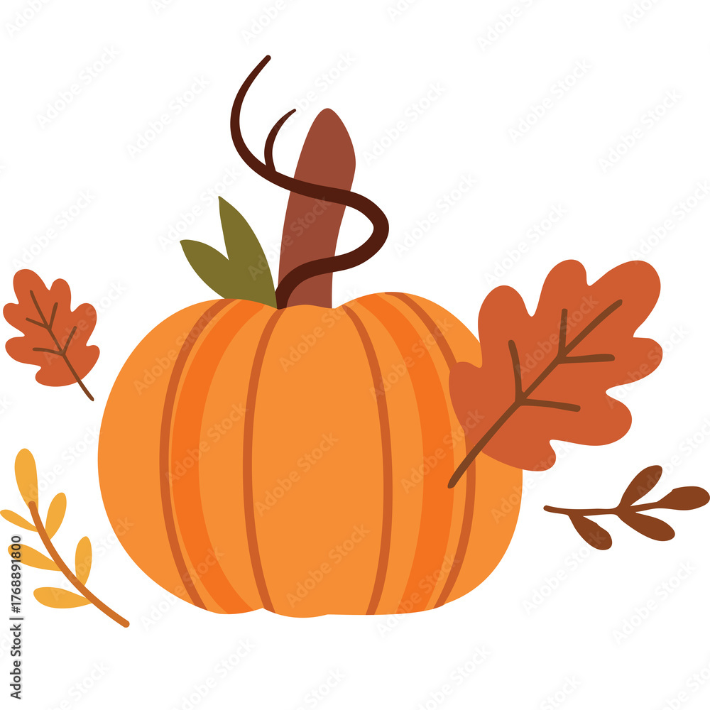 Naklejka premium A Decorative Autumn Pumpkin With Orange Ribs And Brown Stem Surrounded By Falling Leaves In Various Shades Of Orange And Yellow