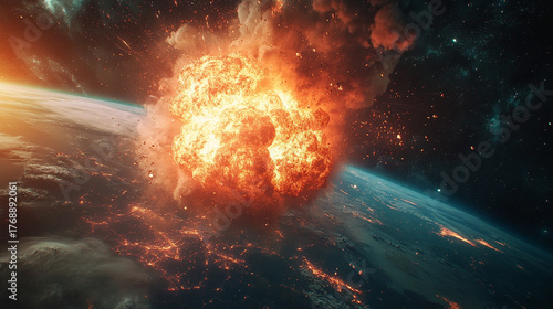 A view from space showing a massive nuclear explosion on Earth, depicting global conflict, human fragility, and the perilous balance between technology and survival.
