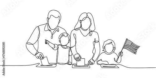 Continuous line drawing of a family casting their votes, with a child holding a flag, symbolizing democracy, unity, and civic participation.