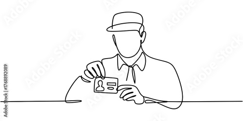 Continuous line drawing of a man holding and displaying his ID card, symbolizing identity, authentication, verification, and personal documentation.