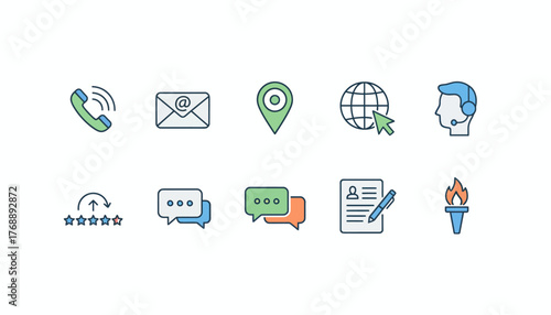 Modern communication icons - phone, email, map location, global web, support, rating, chat, agreement, leadership concept, vector illustration.