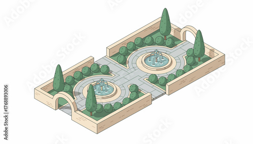 Garden Design Isometric Illustration of Formal Landscaping with Fountains, Shrubs and Stone Paths for Urban Planning and Architecture Visualizations