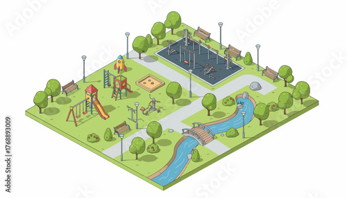 Isometric view of a Playground with a stream and exercise area illustration for infographics, web design and posters