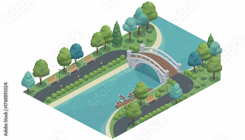 Isometric Park Illustration with River, Bridge, Trees, Benches - Serene City Park Design for Relaxation and Recreation