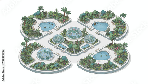 Botanical Garden Layout Isometric Illustration: Landscaping Design Concept for Sustainable Urban Green Spaces & Eco-Friendly Park Planning