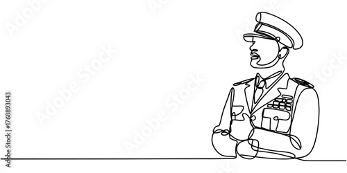 Simple one line illustration showing a confident military officer wearing a decorated uniform with medals, symbolizing leadership, honor, and achievement.