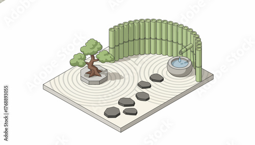 Isometric Zen Garden Illustration with Bamboo Fountain and Bonsai Tree, Miniature Landscape for Meditation and Relaxation