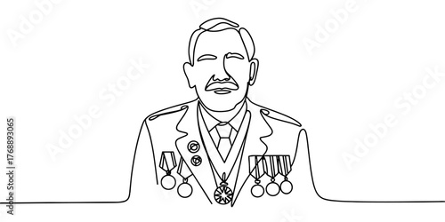 a proud veteran wearing a formal uniform adorned with medals, representing honor, service, bravery, and achievement.