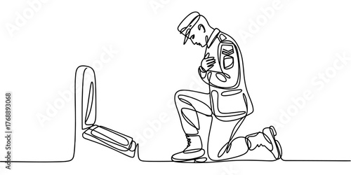 Simple one line illustration showing a soldier kneeling with head bowed at a grave, expressing remembrance, mourning, and respect for the fallen.