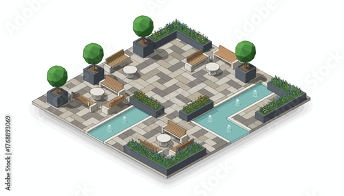 Isometric Outdoor Park Layout with Benches, Trees & Water Features for Urban Planning and Landscape Design Visualization