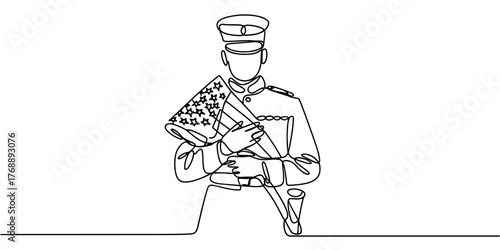 Minimal one line illustration of a uniformed soldier respectfully holding a folded national flag, symbolizing honor, remembrance, and sacrifice.