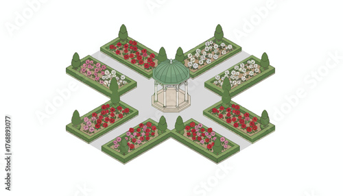 Isometric Vector: Classic Formal Garden Design with Gazebo, Flowers, & Hedges - Landscape Architecture & Garden Planning Illustration
