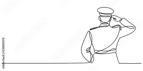 Minimalist one line illustration showing a soldier in uniform giving a respectful salute, symbolizing honor, patriotism, and military discipline.