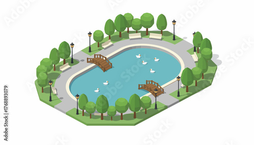 Isometric Park Illustration: Lake with Swans, Bridge, Trees - Peaceful Environment, Vector Design for Graphics & Web