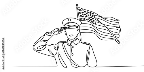 a proud soldier saluting in front of a waving national flag, symbolizing patriotism, respect, and honor.