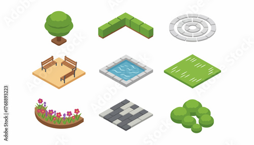 Isometric Garden Design Elements Set. Landscape Architecture Icons for City Planning and Park Layout Presentation
