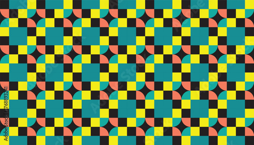 A seamless colorful geometric pattern with overlapping circular and square shapes in teal, yellow, black, and coral tones. The retro-modern abstract design creates a playful optical illusion effect