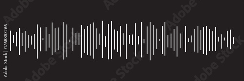 Sound waves and audio waveform elements. Song or music track shapes. Voice signal visualization. Digital soundwave icon set. Music rhythm frequency pulse graphic vector element. Black background. 