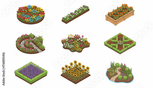 Isometric garden landscaping designs featuring flowerbeds, lavender, sunflowers and walkways for backyard design planning