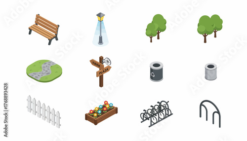 Isometric park elements vector set: trees, bench, flowers, street light, bike rack and trash cans, ideal for website and game asset design
