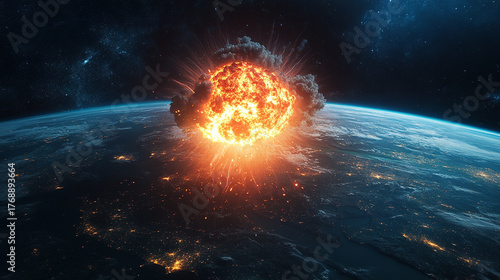 A view from space showing a massive nuclear explosion on Earth, depicting global conflict, human fragility, and the perilous balance between technology and survival.
