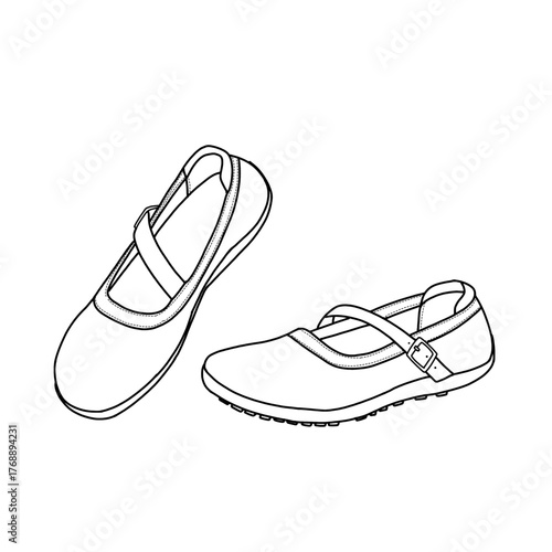 A simple black and white line art illustration of a pair of women's ballet shoes, style flat shoes with a strap and buckle, isolated on a white background.