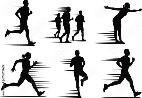 Silhouette vector of athletes running, sprinting, jogging, stretching with motion lines, showcasing speed, fitness, cardio, and dynamic movement 