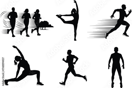 Silhouette vector of athletic people running, stretching, dancing, and exercising outdoors with motion lines, fitness poses, and dynamic movement illustration