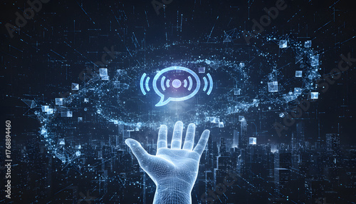 Futuristic hand holding digital communication icon with data network overlay, symbolizing connection, innovation, and virtual communication