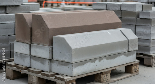 Stack of concrete curbstone elements on a wooden pallet for construction purposes