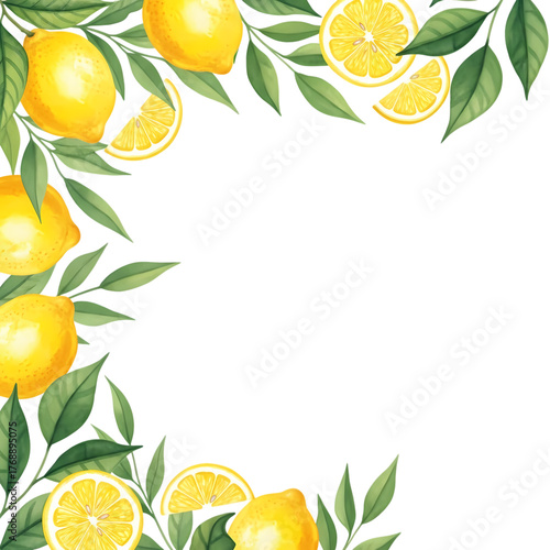Vibrant lemons and leaves frame for modern designs, adding a fresh citrus touch, perfect for summer promotions, and elegant invitations with natural beauty.