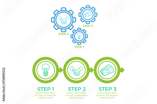 Infographic illustrating three-step process important for effective teamwork. Each step emphasizing collaboration and innovation, represented with gears and icons symbolizing ideas and teamwork
