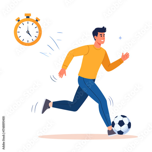 A smiling man in a yellow shirt and blue pants actively playing soccer, dribbling a ball, with a stopwatch in the background.