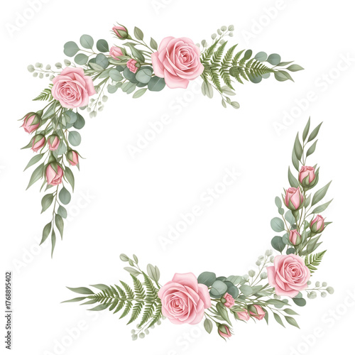 Elegant floral frame of watercolor roses and greenery for wedding invitations, greeting cards, or romantic designs, evoking a sense of love and natural beauty