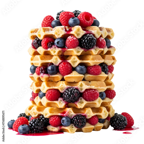 Stack of delicious waffles piled high with juicy berries and drizzled syrup, a sweet breakfast indulgence perfect for weekend brunch or dessert menus