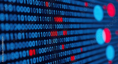 Dynamic digital data stream with glowing red and blue highlights representing information flow and complex algorithms in a modern technological landscape.