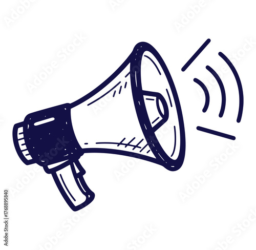 Hand drawn illustration of a megaphone broadcasting message and information against a white background