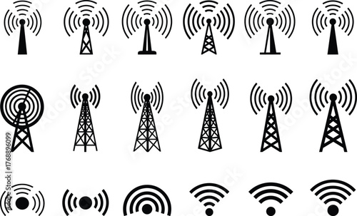 CAD drawing flat vector illustration, wireless signal icon set, radio tower symbols, antenna graphics, Wi-Fi connectivity, tech design