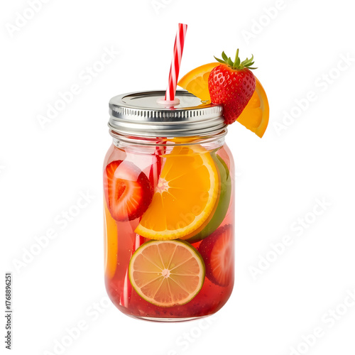 Refreshing fruit infused water in mason jar with vibrant oranges, limes, and strawberries perfect for healthy lifestyle blogs and summer drink promotions