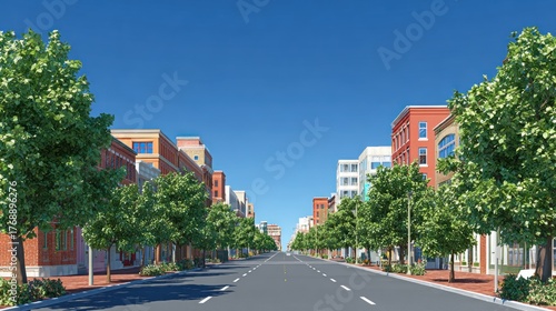A street with trees and buildings, under a clear blue sky.