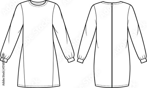 CAD drawing flat vector illustration, fashion technical sketch, long sleeve dress design, garment construction, sewing pattern, apparel template